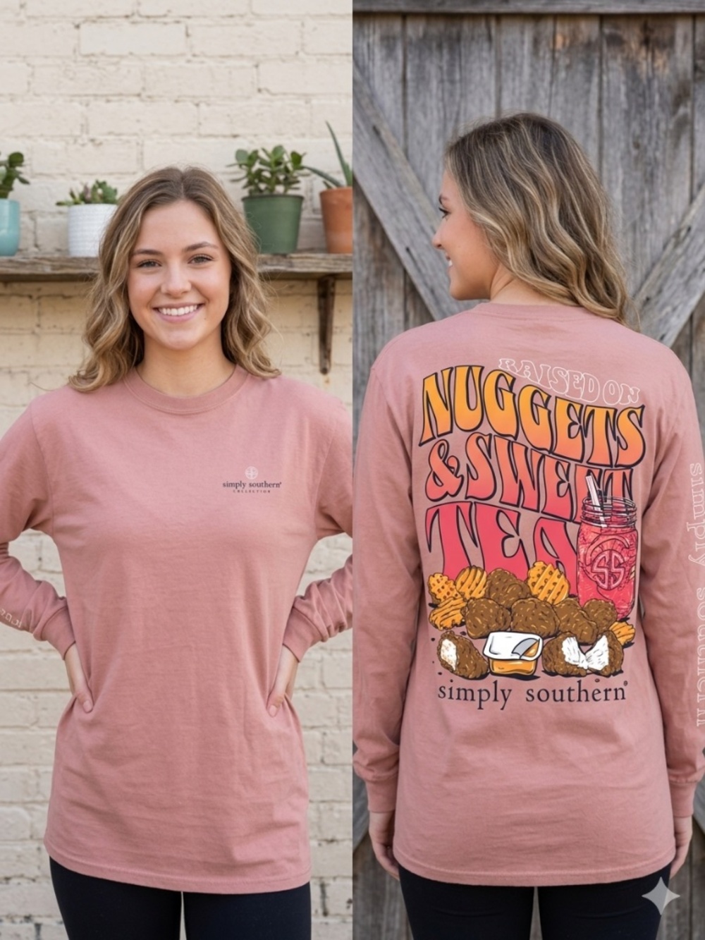 Simply Southern Peach Long Sleeve "Nuggets & Sweet Tea" Shirt Size Medium